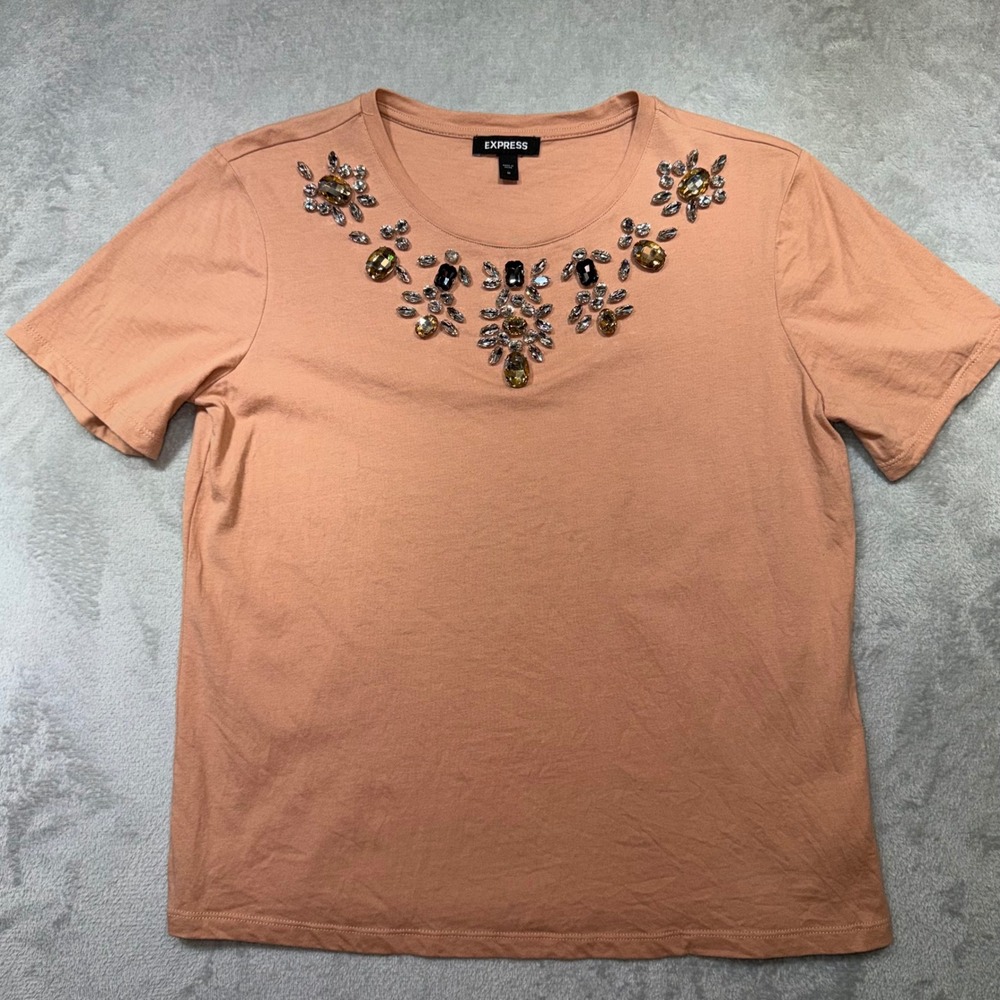 Express Embellished Rhinestone Jewel Neck‎ Cotton T-Shirt Peach Orange Womens M